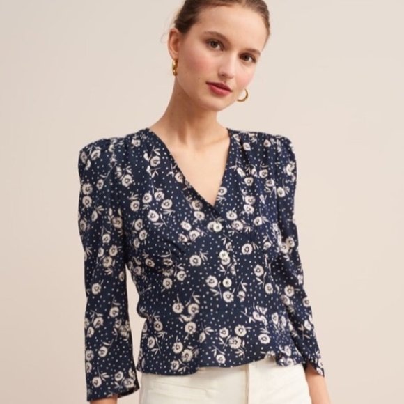 Rouje Tops - Rouje Mimi Button Blouse in Navy Blue Floral 34 2